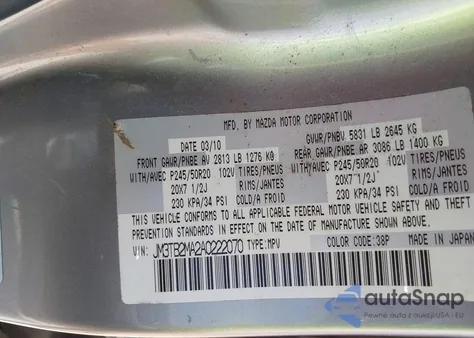 2010 Mazda Cx-9 Grand Touring z USA, uszkodzony, nr VIN JM3TB2MA2A0222070